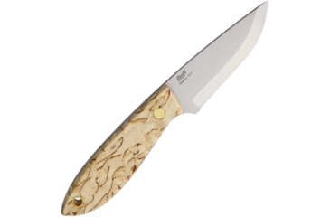 Image of Brisa Bobtail 80 Birch Fixed Blade Knife, 6.75in Overall, 3in Satin 12C27 Sandvik SS Drop Point, Curly Birch Handle, Scandi Grind Blade, Leather And Reindeer Antler Lanyard, Brown Leather Belt Sheath, 9950