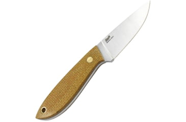 Image of Brisa Bobtail 80 Mustard Micarta Fixed Blade Knife, 6.75in Overall, 3in Satin Sandvik 12C27 SS Blade, Scandi Grind Blade, Mustard Yute Micarta Handle, Brass Rivet And Lanyard Tube, Brown Leather Belt Sheath, 9951