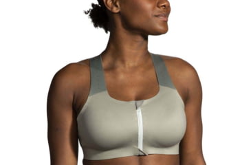Image of Brooks Dare Zip Run Bra 2.0 - Womens, Pebble/Dark Pebble/Cool Mint, 36DE, 350083326.036DE