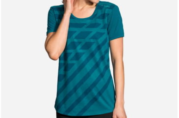Image of Brooks Distance Women's Running Short Sleeve Shirt, Heather Ocean/Ocean Track, Medium 221259-Heather Ocean/Ocean Track-M