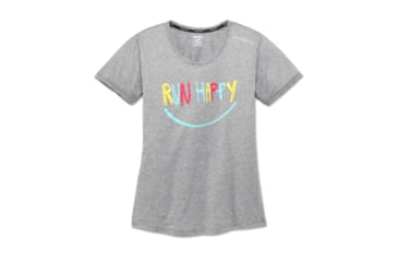 Image of Brooks Distance Womens Running Short Sleeve Shirt, Heather Sterling/Multi Smile R, Extra Large, 221259-HSTRL-MLTSMR-XL