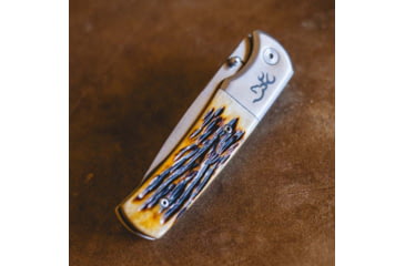 Image of Browning Buckmark Hunter Bone Folding Knife, 3in, 8Cr13MoV Drop Point Blade, Jigged Ox Bone Handle, Boxed, 3220500B