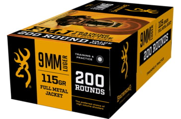 Image of Browning 9mm Luger 115 Grain Full Metal Jacket Brass Cased Centerfire Pistol Ammo, 200 Rounds, B191800096