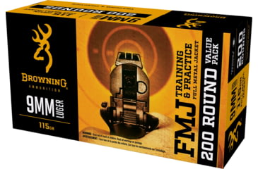 Image of Browning 9mm Luger 115 Grain Full Metal Jacket Brass Cased Centerfire Pistol Ammo, 200 Rounds, B191800096