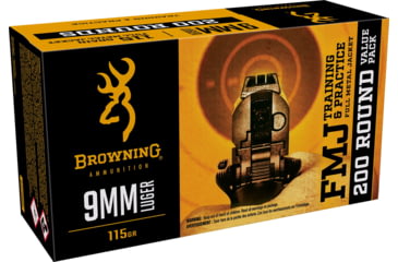 Image of Browning 9mm Luger 115 Grain Full Metal Jacket Brass Cased Centerfire Pistol Ammo, 200 Rounds, B191800096