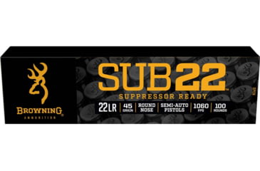 Image of Browning BROWNING SUB-22 22 LR 45 Grain Blackened Lead Round Nose Brass Rifle Ammo, 100 Rounds, B194122102