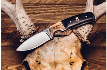 Image of Browning Buckmark Hunter Fixed Blade Knife, 3.125in, 8Cr13MoV, Drop Point, Zebra/Ebony Wood Handle, Split Grain Leather, 3220271