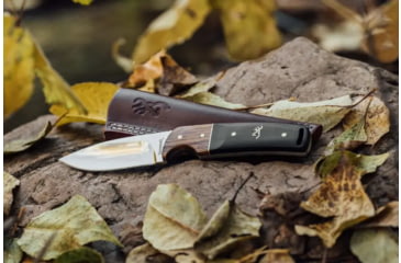 Image of Browning Buckmark Hunter Fixed Blade Knife, 3.125in, 8Cr13MoV, Drop Point, Zebra/Ebony Wood Handle, Split Grain Leather, 3220271