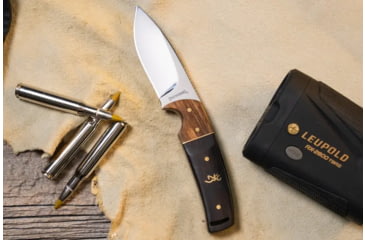 Image of Browning Buckmark Hunter Fixed Blade Knife, 3.125in, 8Cr13MoV, Drop Point, Zebra/Ebony Wood Handle, Split Grain Leather, 3220271