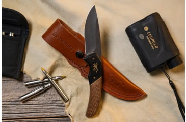 Image of Browning Buckmark Hunter Large Fixed Blade Knife, 3.625in, 440-C, Drop Point, Wood Handle, Split Grain Leather, 3220397