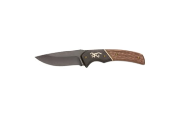Image of Browning Buckmark Hunter Large Fixed Blade Knife, 3.625in, 440-C, Drop Point, Wood Handle, Split Grain Leather, 3220397