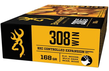 Image of Browning BXC .308 Winchester 168 grain Controlled Expansion Terminal Tip Nickel Plated Brass Cased Centerfire Rifle Ammo, 20 Rounds, B192203081