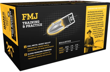 Image of Browning FMJ 9mm Luger 115 grain Full Metal Jacket Centerfire Pistol Ammo, 100 Rounds, B191800094