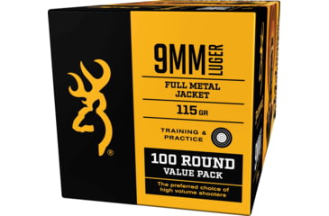 Image of Browning FMJ 9mm Luger 115 grain Full Metal Jacket Centerfire Pistol Ammo, 100 Rounds, B191800094