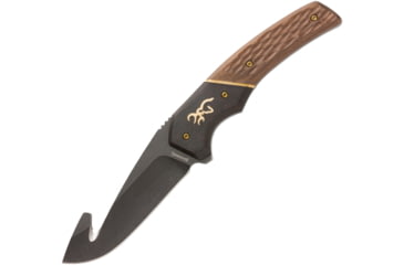 Image of Browning Hunter Fixed Blade Guthook Knife, 3.5 black stonewash finish 440C stainless guthook, Two-tone finish sculpted wood handle, 3220396B