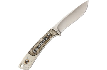 Image of Browning JMB Presentation Knife Fixed Blade Knife, 7.75in Overall, 3.5in Satin SS Blade, White Bone Handle, Laser Engraved John M, Browning Handle Artwork, Comes w/Wooden Box, White, 3220200