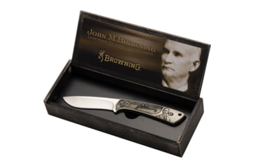 Image of Browning JMB Presentation Knife Fixed Blade Knife, 7.75in Overall, 3.5in Satin SS Blade, White Bone Handle, Laser Engraved John M, Browning Handle Artwork, Comes w/Wooden Box, White, 3220200