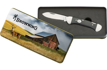 Image of Browning Drop Point Knife w/Vintage Tin Whitail, 2.5in, Stainless Steel Blade, Black Matte Wood Handle, 3220411