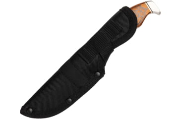 Image of Browning Skinner Pakkawood Knife, 8.13in Overall, 3.75in Satin Stainless Steel Blade, Brown Finger Grooved Pakkawood Handle, Black Nylon Belt Sheath, 3220487