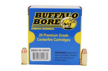 Image of Buffalo Bore Ammunition .45 ACP +P, 185 Grain, JHP, Brass Cased, Centerfire Pistol Ammo, 20 Rounds, 45-185/20
