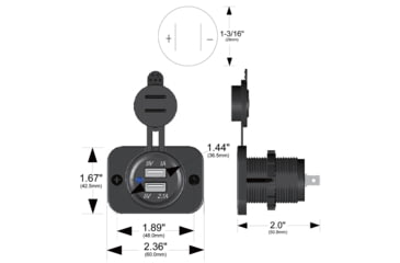 Image of Bulldog Winch USB Power Socket, Dual 5V 1A and 2.1A with Cover and 3 Mounting Brackets, Black, 20287