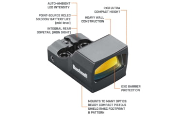 Image of Bushnell 1x21 RXU-200 Ultra-Compact Reflex Sight, 6 MOA Dot, 25 yds, Box, Black, RXU200