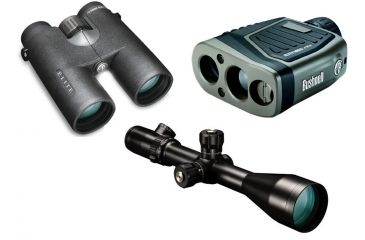 Image of Bushnell Elite Package - Bushnell 6-24x50mm Elite Illuminated MilDot Argon 30mm Rifle Scope, Matte Black ET6245F w/ Bushnell Elite Rangefinder 205110 and Binocular 620142ED