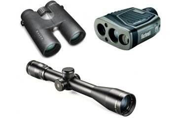Image of New Bushnell Elite E2 10x42 Roof Prism ED Glass Water Repellent Binoculars, Black 620142, Bushnell Elite 6500 2.5-16x42 Waterproof 30mm Rifle Scope, Fine Multi-X Reticle, Black, Bushnell Elite 1600 ARC 7x26 Waterproof Laser Rangefinder, Matte - 205110