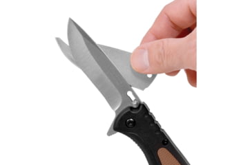 Image of Camillus Knives TigerSharp Linerlock Folding Knife, 3in Satin SS Drop Point, Black Frn Handle, Brown Rubber Handle Insert, One Standard Edge And One Serrated Replaceable Blade, Black, 19131