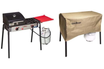 Image of Camp Chef Big Gas Grill 2X Stove, Black/Silver, with Tan Patio Cover, PC32