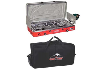 Image of Camp Chef Everest 2 Burner Stove, Red/Silver, with Black Carry Bag, CBMS