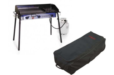 Image of Camp Chef Expedition 3X Triple Buner Stove w/Griddle, Detachable Legs, Windscreen Sg60, White/Blue/Black, with Black, Top-loading Roller Bag, Black, RCB90