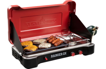 Image of Camp Chef Mountain Series Rainier 2X Two-Burner Cooking System w/ Griddle &amp; Carry Bag, Black/Red, MSGGX