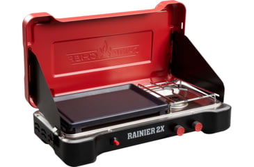 Image of Camp Chef Mountain Series Rainier 2X Two-Burner Cooking System w/ Griddle &amp; Carry Bag, Black/Red, MSGGX