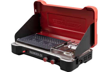 Image of Camp Chef Mountain Series Rainier 2X Two-Burner Cooking System w/ Griddle &amp; Carry Bag, Black/Red, MSGGX
