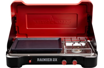 Image of Camp Chef Mountain Series Rainier 2X Two-Burner Cooking System w/ Griddle &amp; Carry Bag, Black/Red, MSGGX