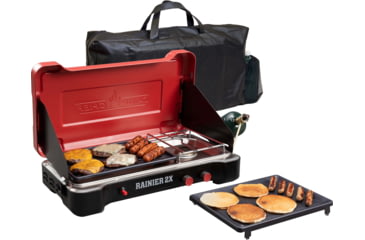 Image of USED Camp Chef Mountain Series Rainier 2X Two-Burner Cooking System w/ Griddle &amp; Carry Bag, Black/Red, MSGGX, EDEMO1