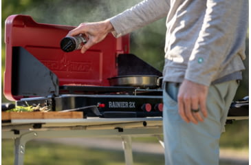 Image of Camp Chef Mountain Series Rainier 2X Two-Burner Cooking System w/ Griddle &amp; Carry Bag, Black/Red, MSGGX