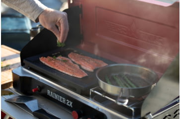 Image of Camp Chef Mountain Series Rainier 2X Two-Burner Cooking System w/ Griddle &amp; Carry Bag, Black/Red, MSGGX