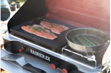 Image of Camp Chef Mountain Series Rainier 2X Two-Burner Cooking System w/ Griddle &amp; Carry Bag, Black/Red, MSGGX