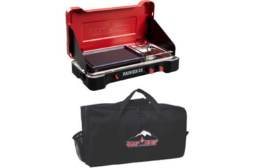 Image of Camp Chef Mountain Series Rainier 2X Two-Burner Cooking System w/ Griddle &amp; Carry Bag, Black/Red, with Black Carry Bag, CBMS