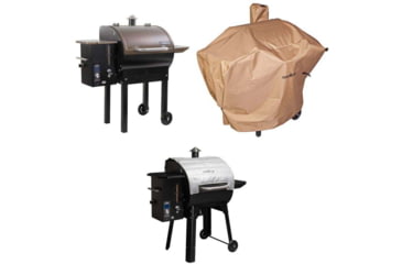 Image of Camp Chef Smokepro DLX Pellet Grill, Bronze, with Tan Patio Cover, PCPG24L, and Blanket for 24in Pellet Grills, Grey, PG24BLKL