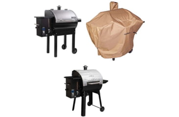 Image of Camp Chef Smokepro DLX Stainless Pellet Grill, Stainless, with Tan Patio Cover, PCPG24L, and Blanket for 24in Pellet Grills, Grey, PG24BLKL