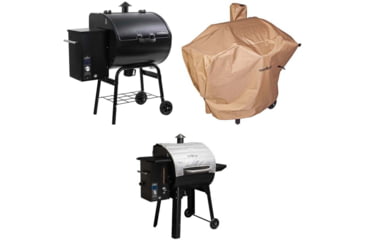 Image of Camp Chef SmokePro SE Pellet Grill, Black, with Tan Patio Cover, PCPG24L, and Blanket for 24in Pellet Grills, Grey, PG24BLKL