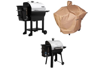 Image of Camp Chef Woodwind Wi-Fi 24 Pellet Grill, Stainless/Black, with Tan Patio Cover, PCPG24L, and Blanket for 24in Pellet Grills, Grey, PG24BLKL