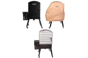 Image of Camp Chef XXL Wi-Fi Vertical Smoker, Black, with Tan Patio Cover, PCPGXXL, and Blanket for 24in Pellet Grills, Grey, PGXXLBLK