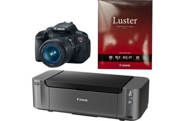 Image of Canon EOS Rebel T4i Camera with EF-S 18-55mm IS II Lens, Photo Paper, and Pixma PRO-10 Printer