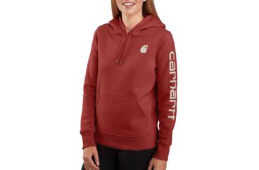 Image of Carhartt Clarksburg Sleeve Logo Hooded Sweatshirt - Womens, Dark Barn Red Heather, Small, 102791-R07-REG-S