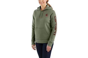 Image of Carhartt Clarksburg Sleeve Logo Hooded Sweatshirt - Womens, Olivine Heather, Large, 102791-G01-REG-L