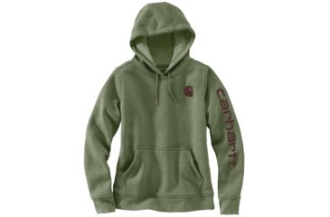 Image of Carhartt Clarksburg Sleeve Logo Hooded Sweatshirt - Womens, Olivine Heather, Large, 102791-G01-REG-L